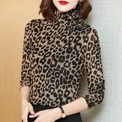 Nowe jesienno-zimowe damskie łączone nadruki kołnierz z długim rękawem Slim Leopard modne swetry z gazy eleganckie topy dojazdowe