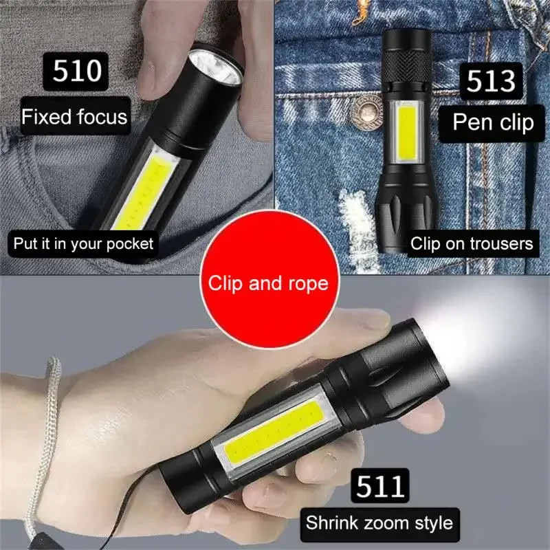 Mini lampe de poche COB + XPE, torche portable avec clip, lumière zoomable, lampe de poche aste USB, lanterne d'urgence pour le camping