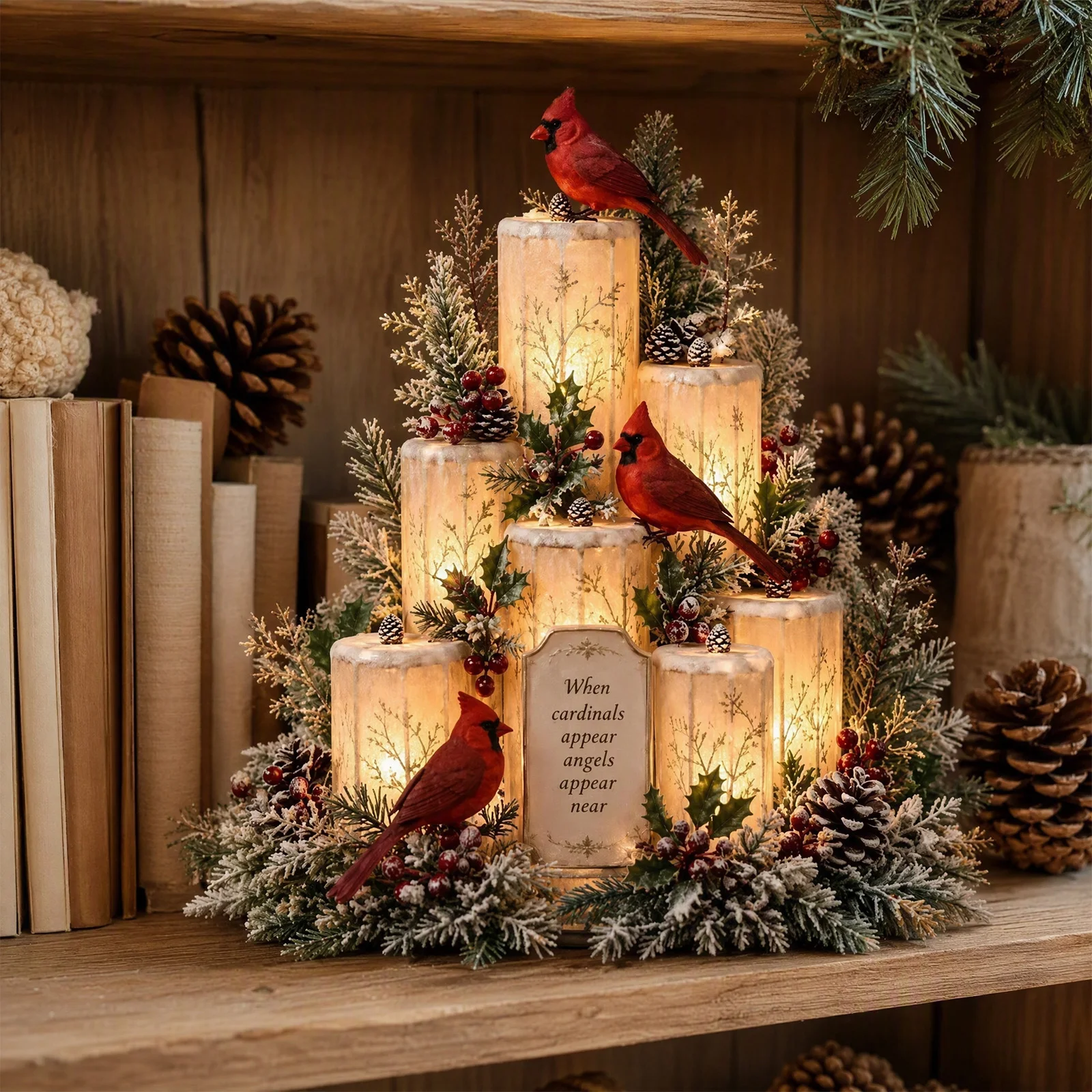 Christmas Cardinal Lighted Candle Centerpiece Holiday Table Decor Flameless Warm Glow Holly Berries 27x24x18cm PVC