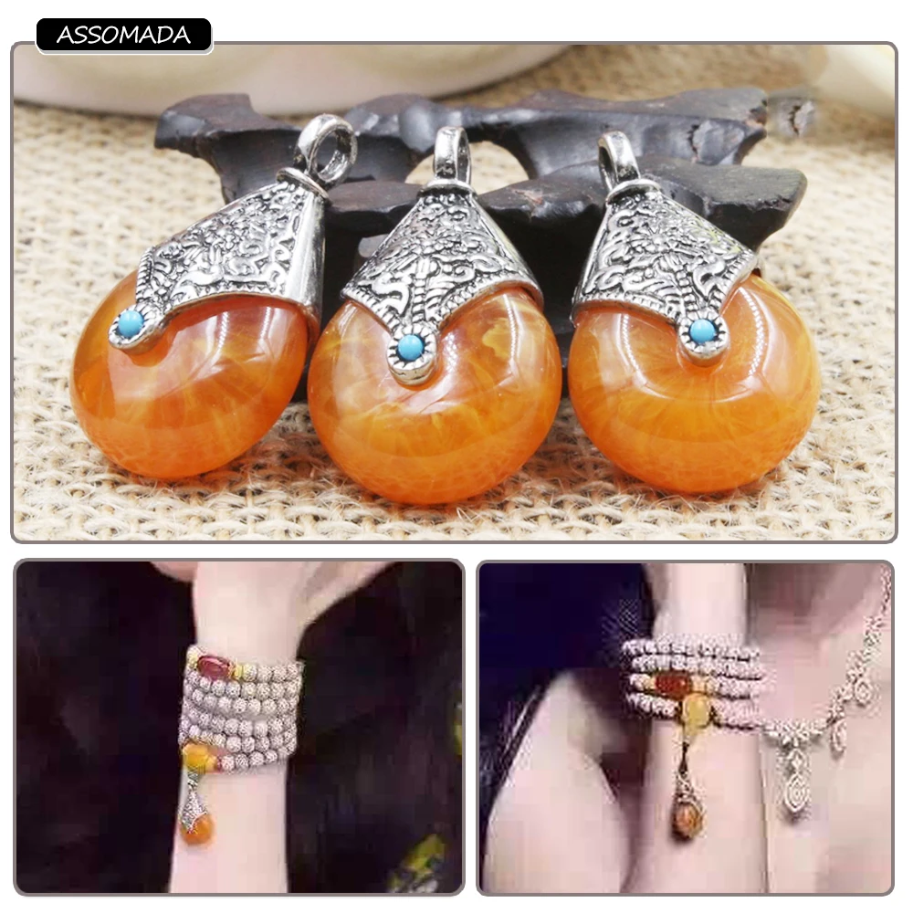 Artificial Amber Stone Pendant For Necklace Chain Women Gift Droplet Shape Ethnic Stone Charms Jewelry Making Gift Assomada