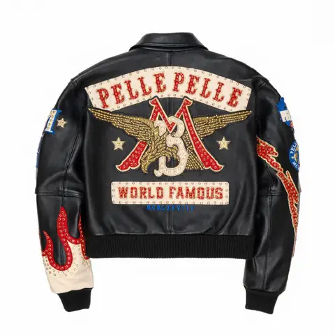 American Vintage Embroidered Leather Jacket Mens Hip Hop Motorcycle Jacket Rivet Patch Eagle Pattern Flame Embroidery Y2K Style