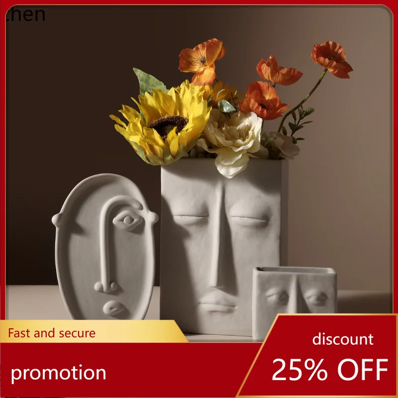 YFY Vintage Wabi-Sabi Style Creative Unpolished Ceramic Vase, High-End Human Face Ornament, Home Decorative Item