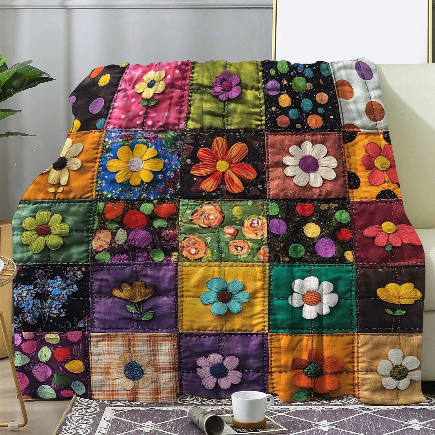 1pc Baby flannel blanket, retro flower color blocked children's room cover blanket, adult and child use warm blanket