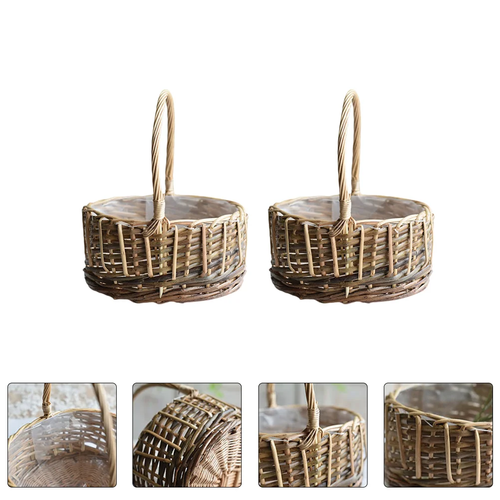 

2pcs Woven Flower Baskets Rustic Floral Storage With Handle Plant Stand Decorative For Home Multi-Functional Woven