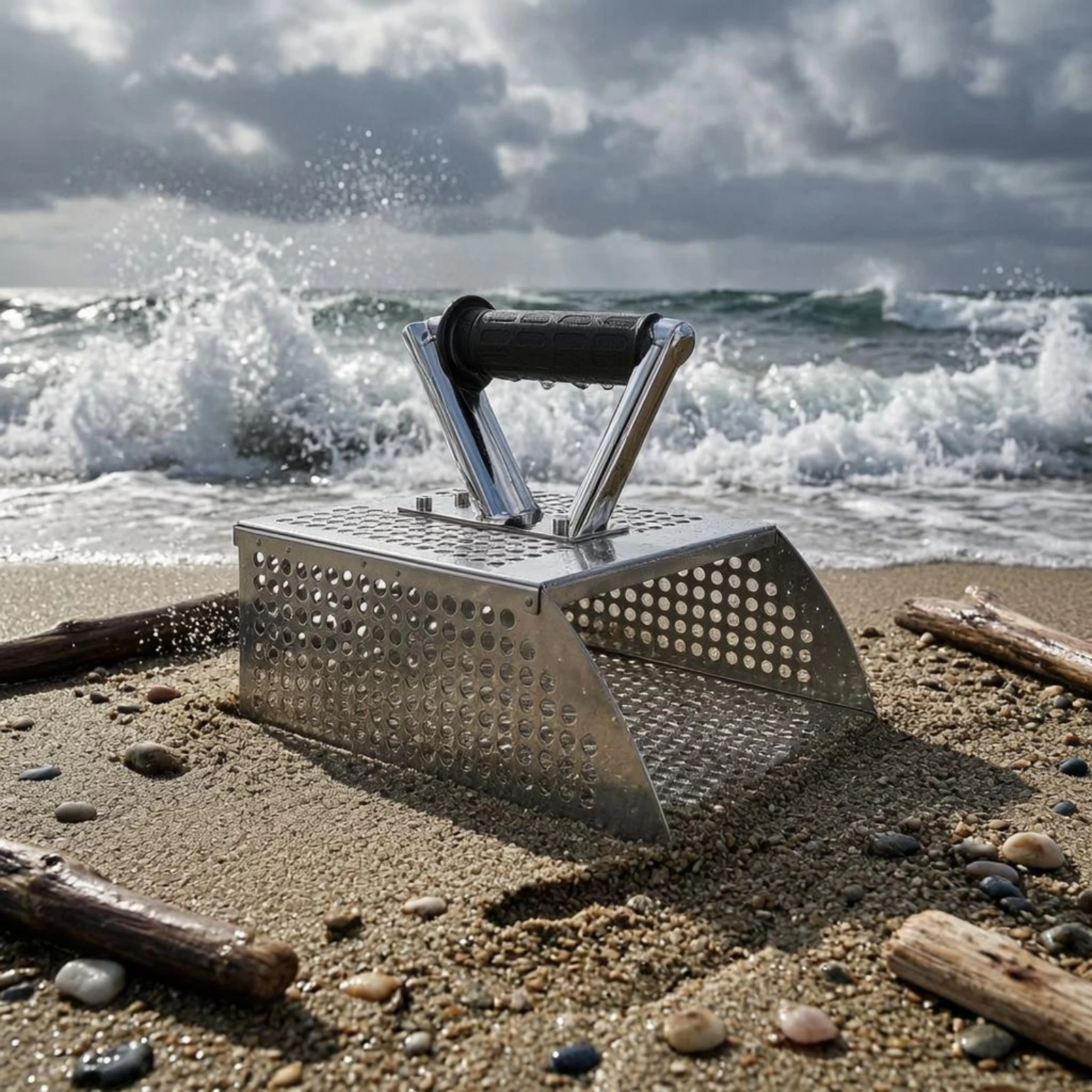 rateau-a-sable-perfore-en-acier-inoxydable-avec-poignee-detachable-et-poignee-noire-outil-d'exterieur-a-corps-courbe
