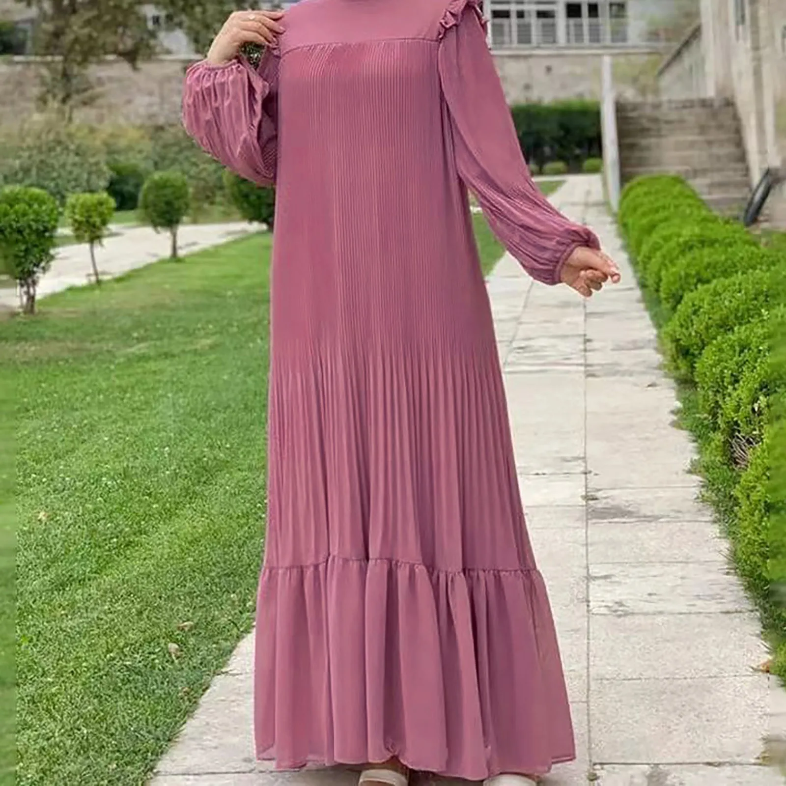 

Muslim Dresses For Women Solid Colour Elegant Long Sleeve Fashion Pleated Long Dresses Loose Dubai Abayas Arab Islamic Dress