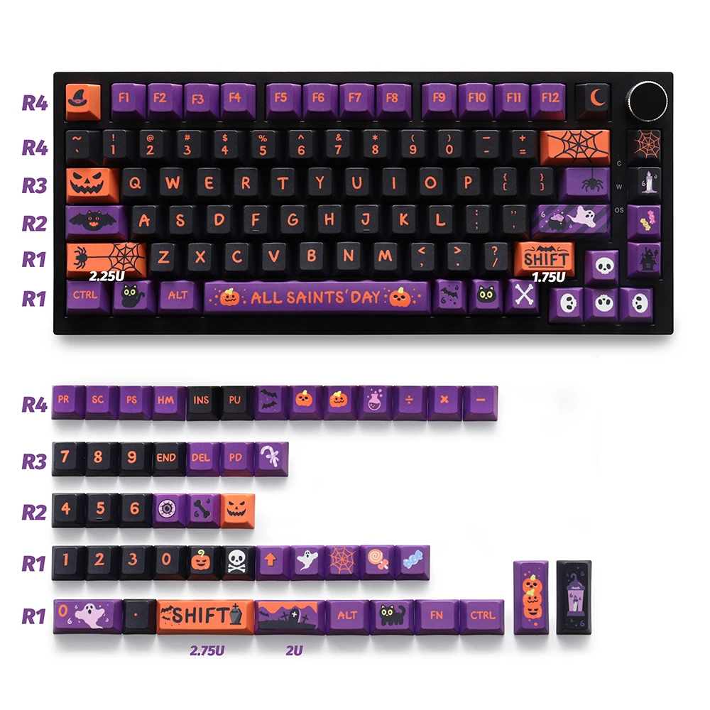 Halloween Cherry Profile Keycaps PBT Material 129 Keys Five Side Dye-Sub Keycaps for 87/104/108 Mx Switch Mechanical Keyboard