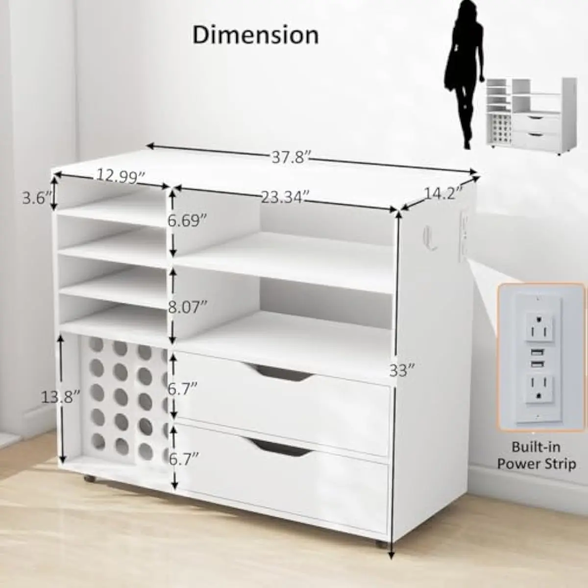 Rolling Craft Station with Built-in Charging Station and 2 Outlets 2 USB Ports, 37.8 Inch Work Surface Craft Cart with Dual Shelves and Vinyl Roll Holder for Cricut Machines