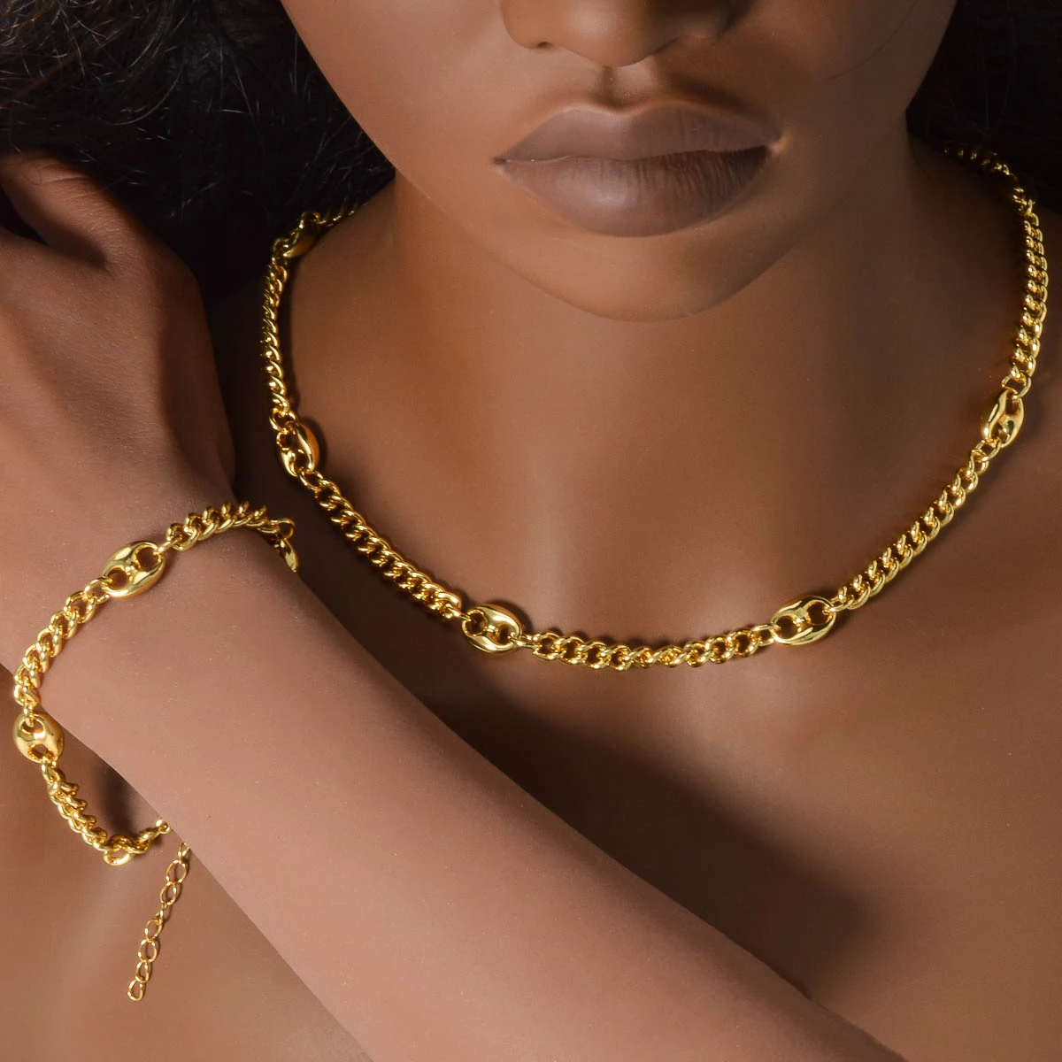Gold Plated Copper Necklace Bracelet Set for Women Vintage Modern Style Minimalist Jewelry Gift for Her Dainty Matching Set