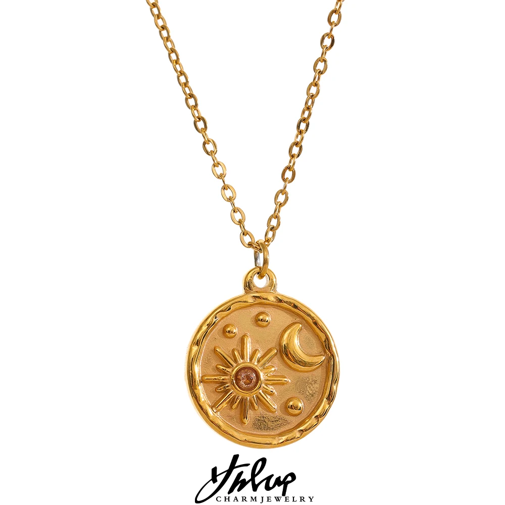 

Yhpup Fashion Celestial Moon Sun Delicate Round Pendant Stainless Steel Necklace 18k Gold Plated Chain Trendy Charm Chic Jewelry