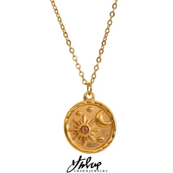 Yhpup Fashion Celestial Moon Sun Delicate Round Pendant Stainless Steel Necklace 18k Gold Plated Chain Trendy Charm Chic Jewelry