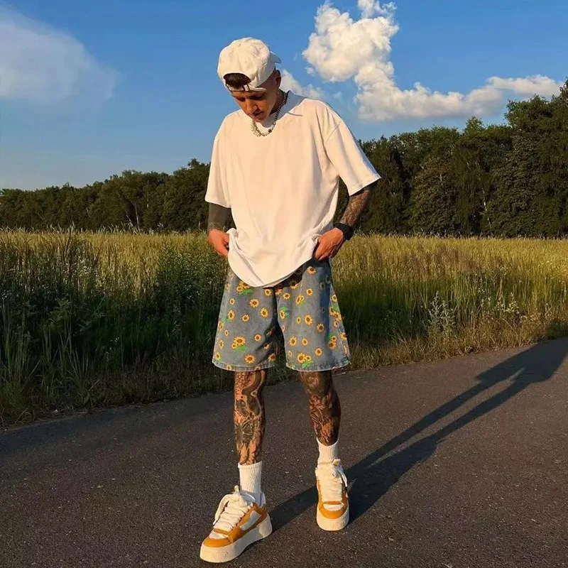 メンズ ヴィンテージ リンクル ブルー デニム ショートパンツ 巾着付き、ルーズフィット 5 インチ ビーチ パンツ 夏のストリートウェア用