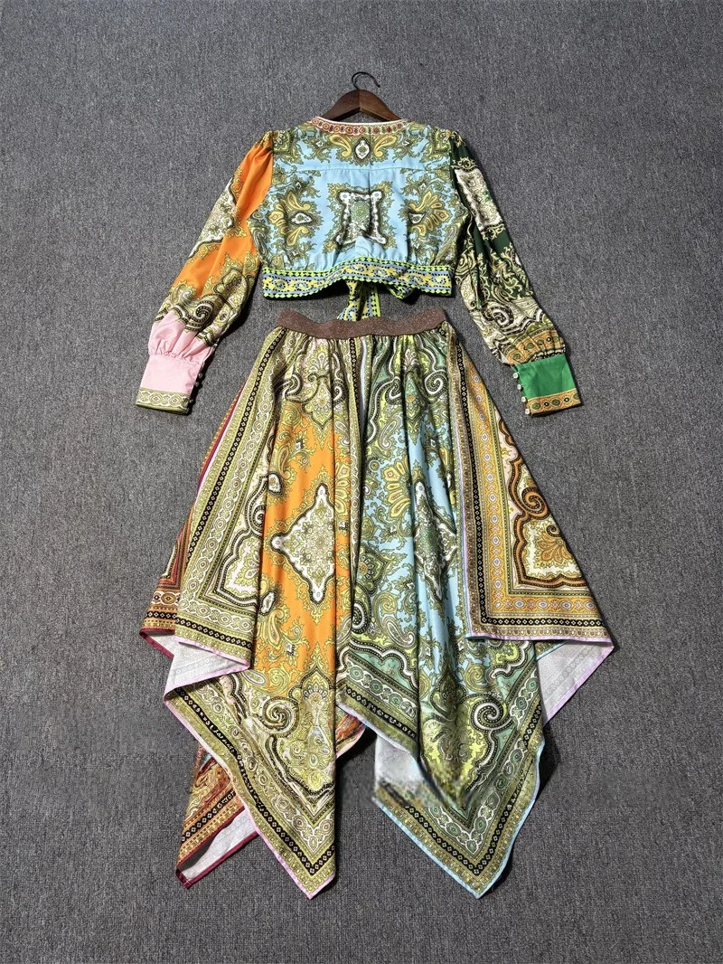 Sexy Green Yellow Print Short Women's Tops And Skirts Summer Irregular V Collar Long Sleeves Short Tops And Long Skirts 60805