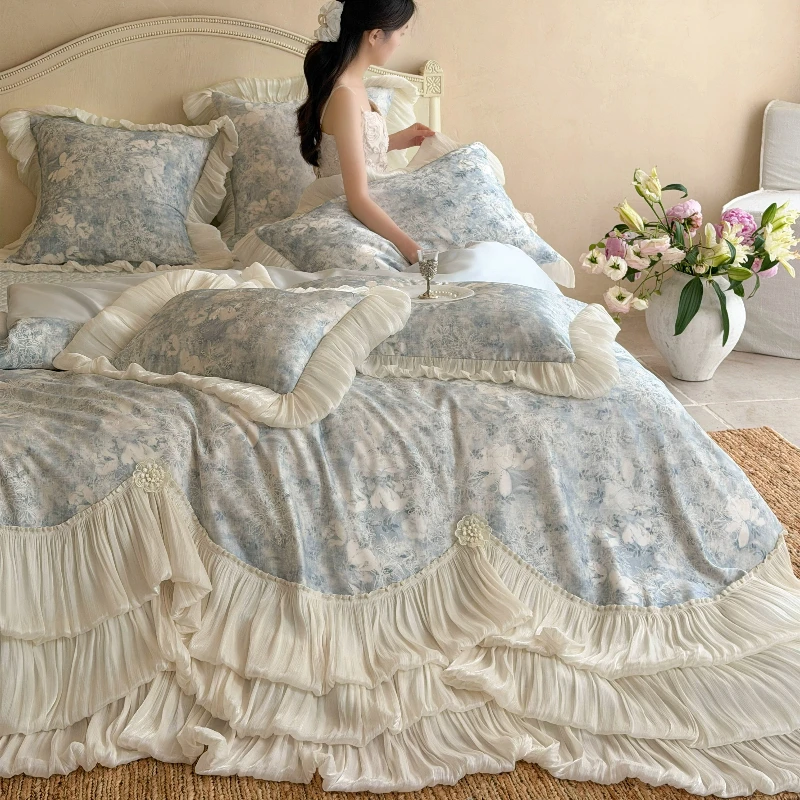 French Style Bedroom Romantic Jacquard Long Staple Cotton Bed Cover Style Four Piece Set Pure Cotton Lace Duvet Cover Bedding