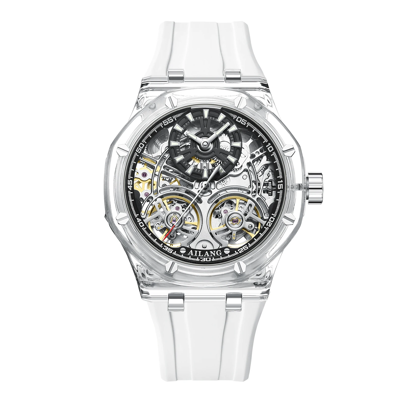 ساعة AL Watch Double Tourbillon الميكانيكية الرياضية بحزام سيليكون مقاوم للماء هيكل عظمي أوتوماتيكي 2026 مبيعات الجمعة السوداء