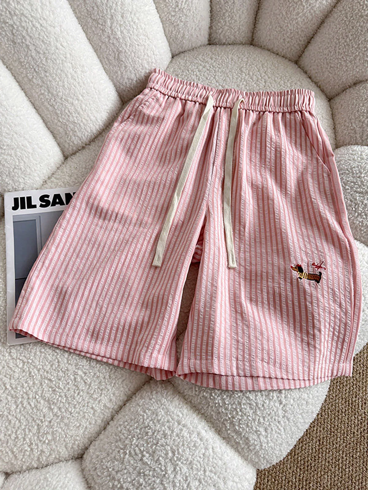 

Pink Bubble Embroidered Casual Shorts Men Summer Loose Lightweight Quick Dry Beach Pants Straight Five-Quarter Sports