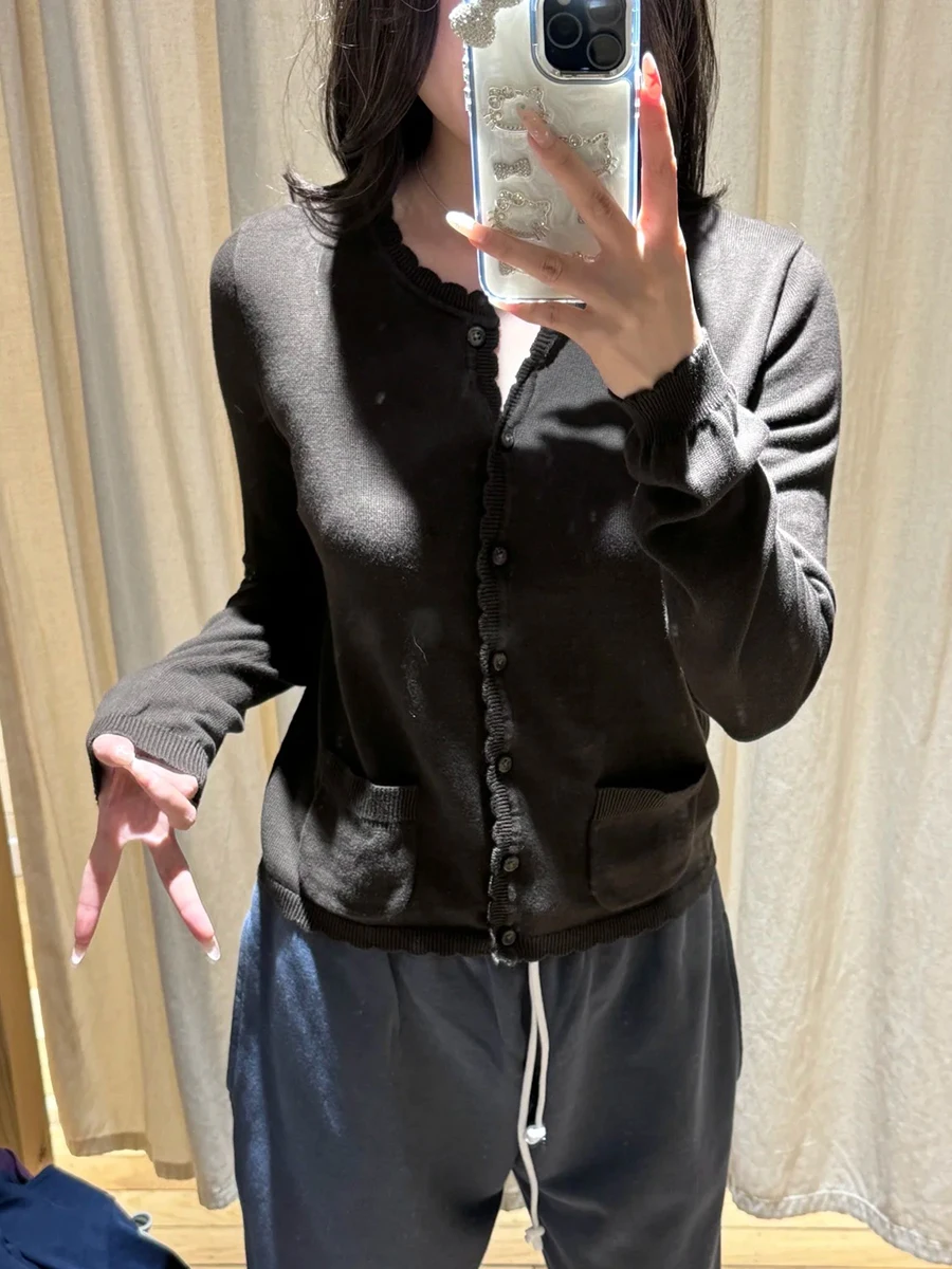 جيوب البني محبوك سترة سترة الخريف س الرقبة القطن ضئيلة طويلة الأكمام البلوزات النساء نمط Preppy الصلبة الحلو تريكو