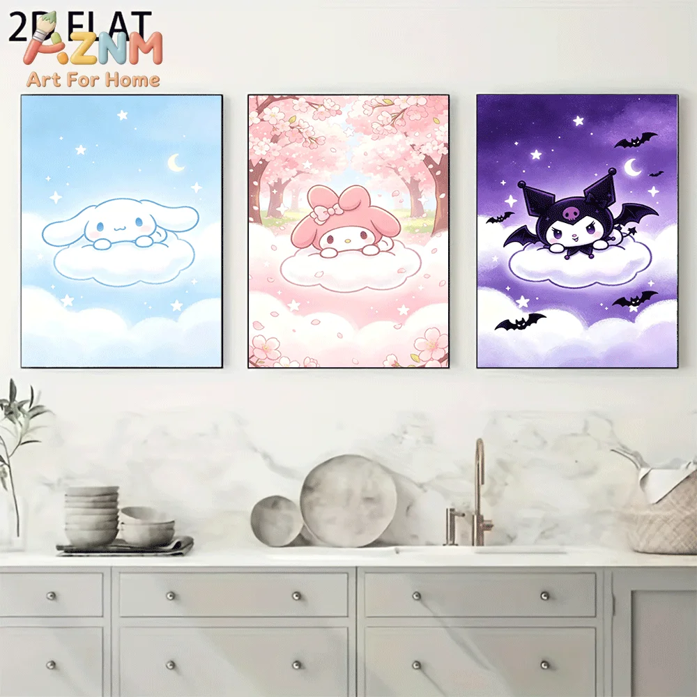 AZNM Sanrio Characters Canvas Wall Art Unframed Cute Cartoon Print Poster Cinnamoroll My Melody Kuromi Cloud Moon Star Cherry Bl