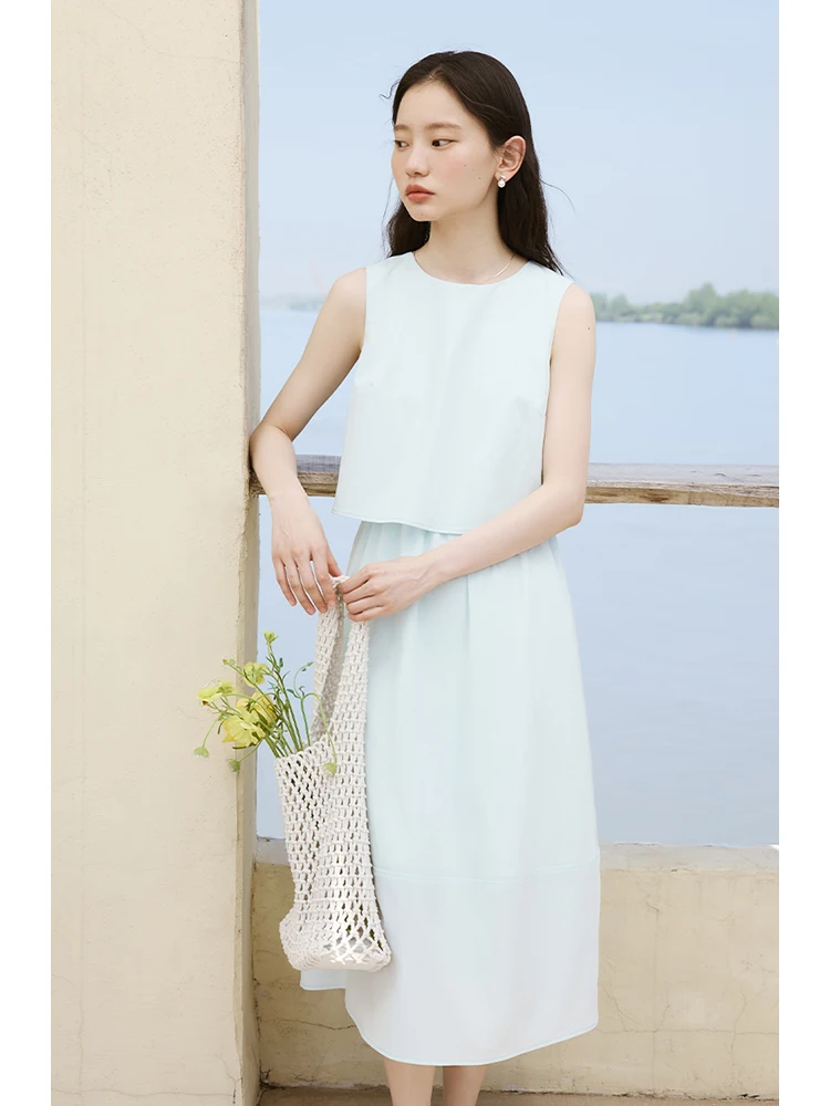 ZIQIAO Petite Ice Blue Temperament Round Neck Sleeveless Dress for Women\'s Summer 2024 New Fake Two Piece Long Skirt