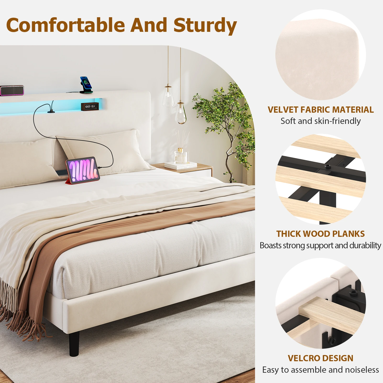 3 Size Upholstered Bed Frame w High Headboard Adjustable LED Lights Charging Port Wood Slat Support Platform Bed Frame Noiseless - view 5