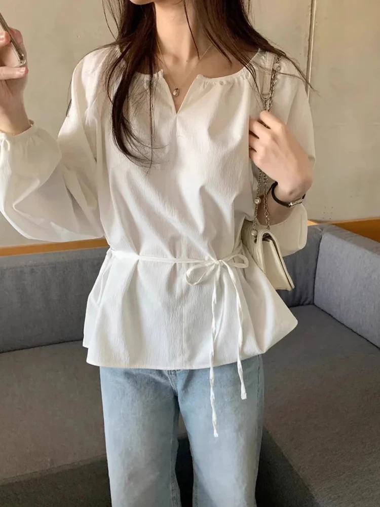 

Waist-Cinching Belted V-Ne White irt Women's Spring New Simple Elegance Slimming Top Korean Sle Loose Fit Long Sve