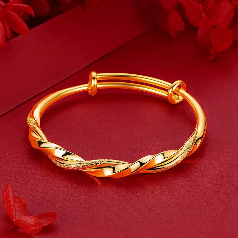 

24K Real Gold Bangle 9999 Niche Premium Twist Push-Pull Half Studded Sand Half Glossy Twist Bracelet for Women Fine Jewelry