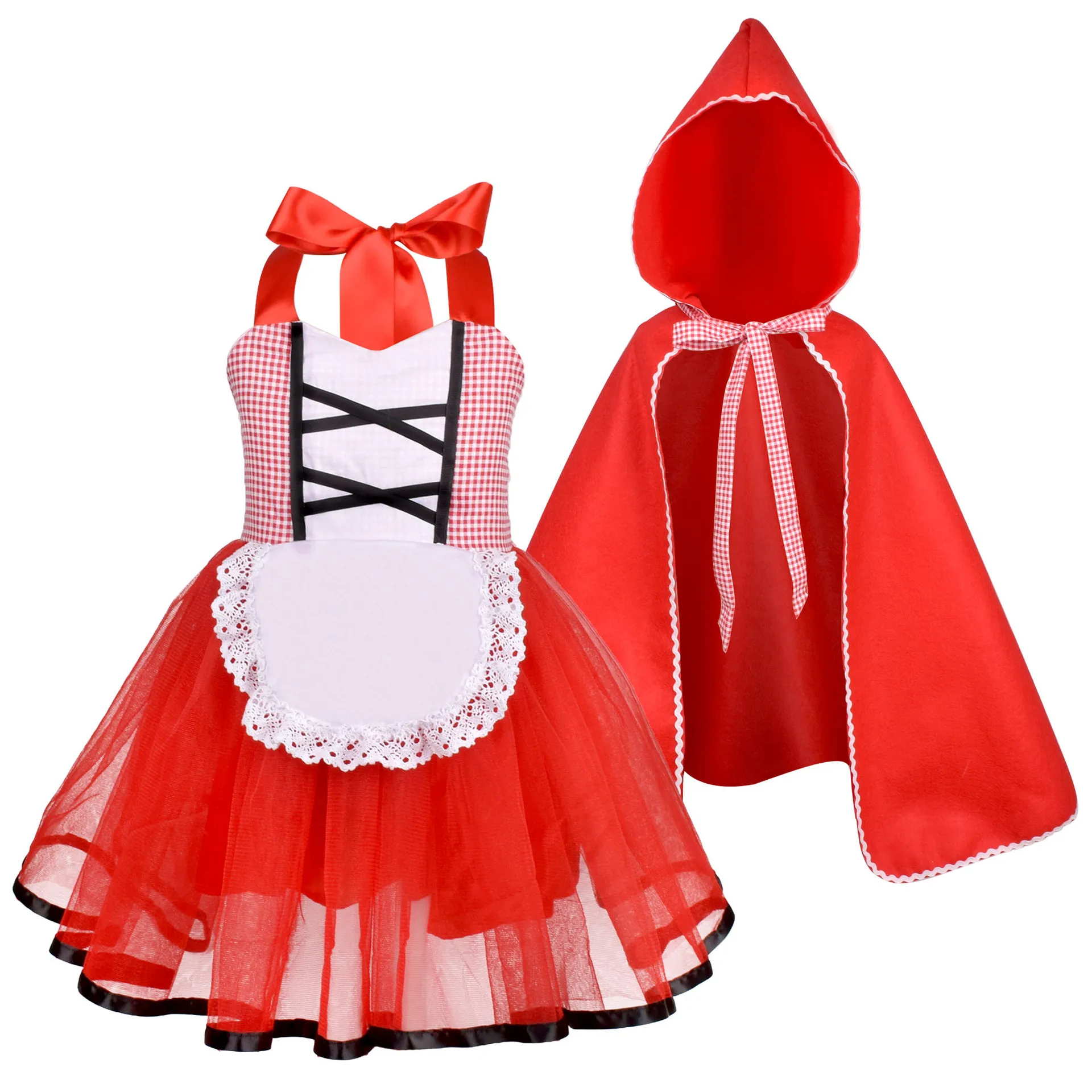 

Kids Girls Cosplay Little Red Riding Hood Uniform Halloween Costume for Children's Storytime Performance Dresses Set and Cape