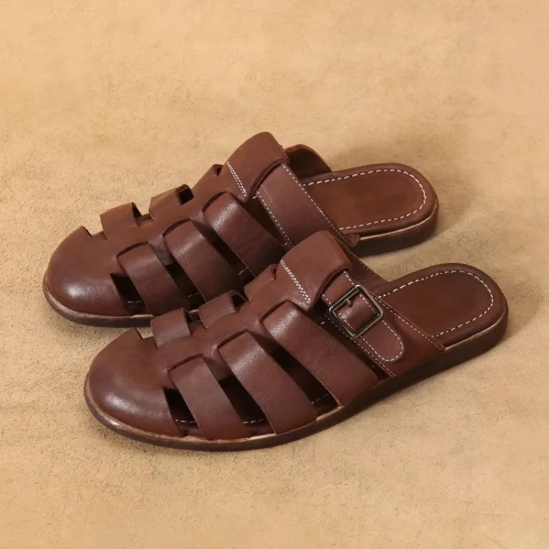 

Handmade Half Slipper Men's Summer Outdoor Roman Sandals Male Retro Woven Genuine Leather Casual Flat Beach Shoes Youth