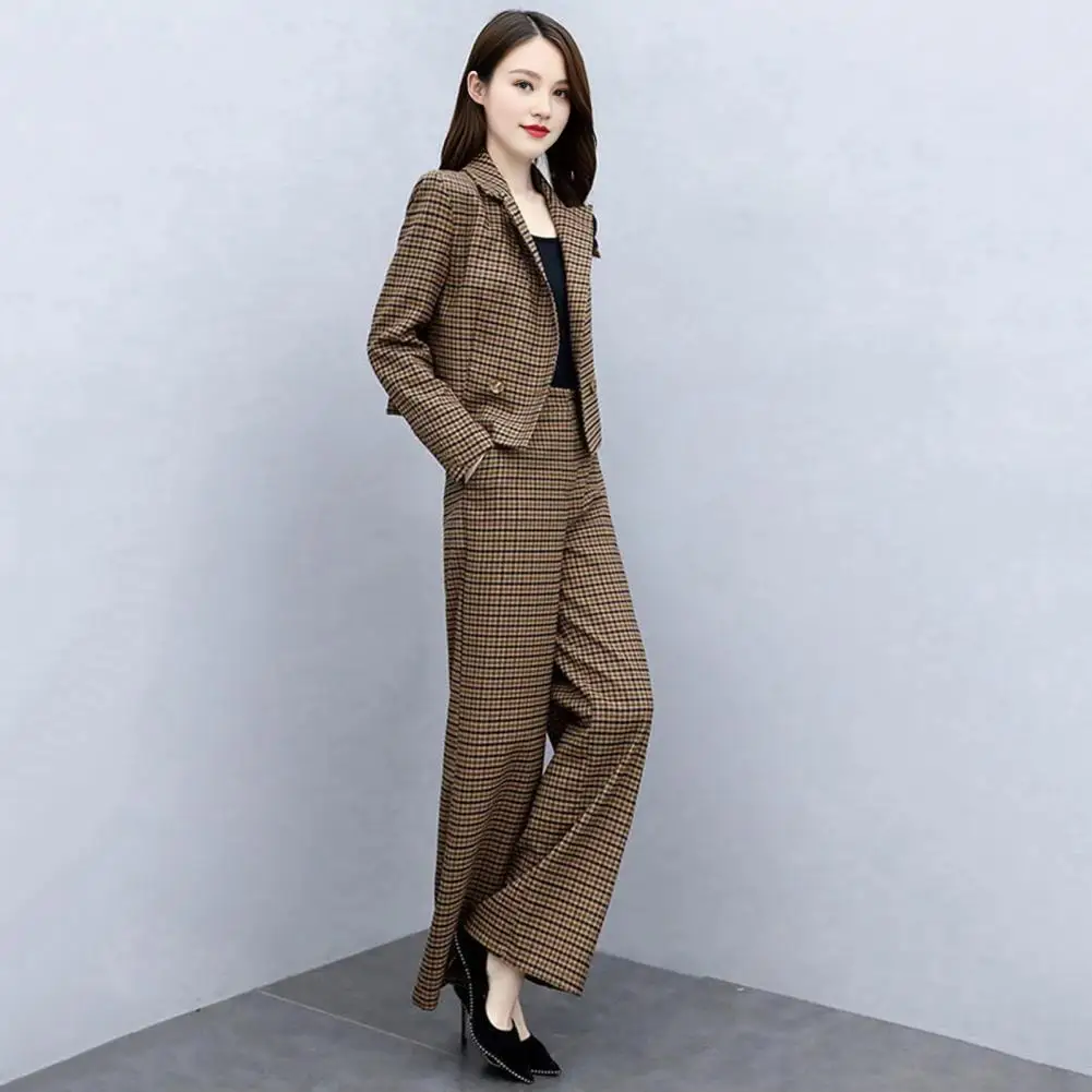 

Formal Two-piece Set Elegant Plaid Print Women's Coat Pants Set with Lapel Buttons Long Sleeve Jacket High Waist for Ladies