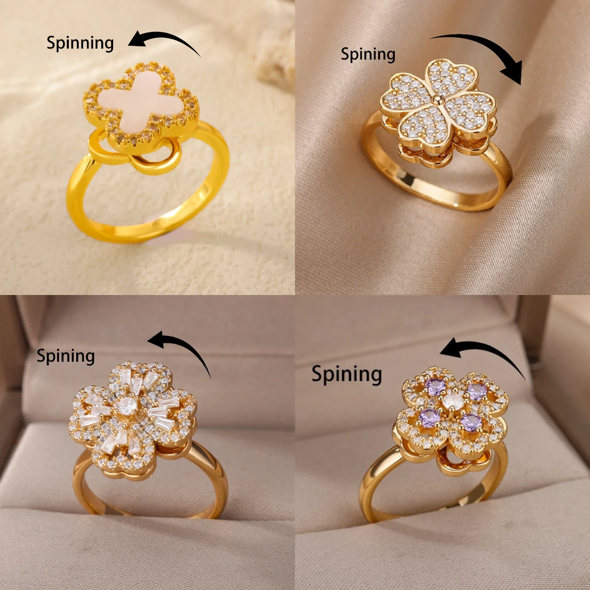 

Spinner Zircon Four-Leaf Clover Rings For Women Gold Color Cross Finger Ring Anxiety Fidget Rings Wedding Christmas Jewelry Gift