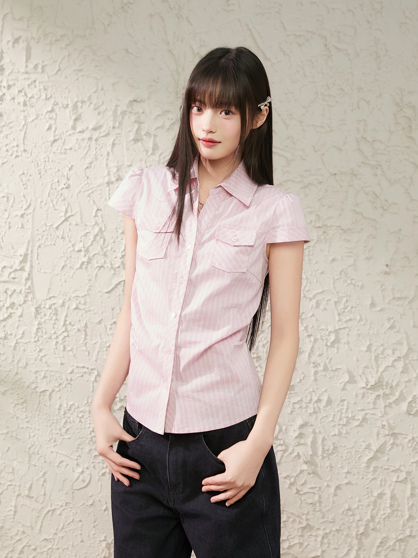 

Pink Striped ort Sve irt Tailored oulder Cut College Sle Korean Faion Women's Casual Cotton irt Summer Top