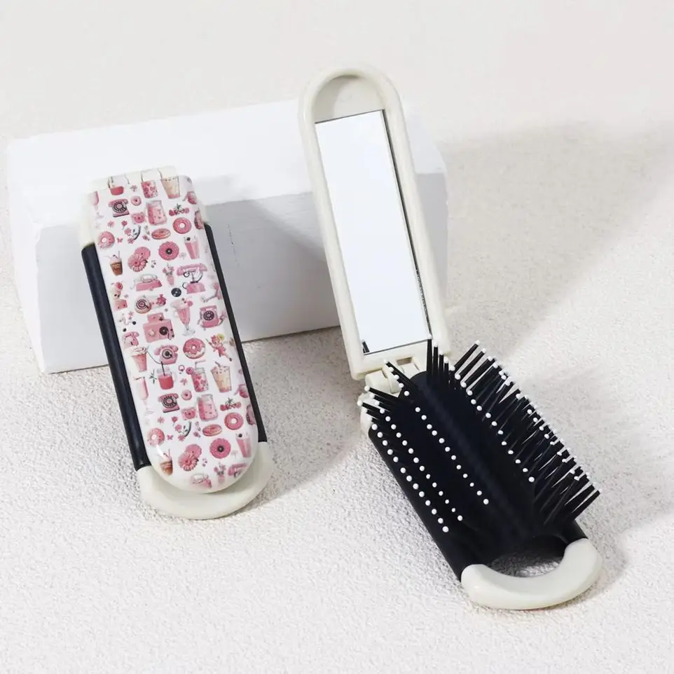 1pc portable folding comb with mirror and snack and beverage pattern design, air cushion combing brush,Special for real hair wig