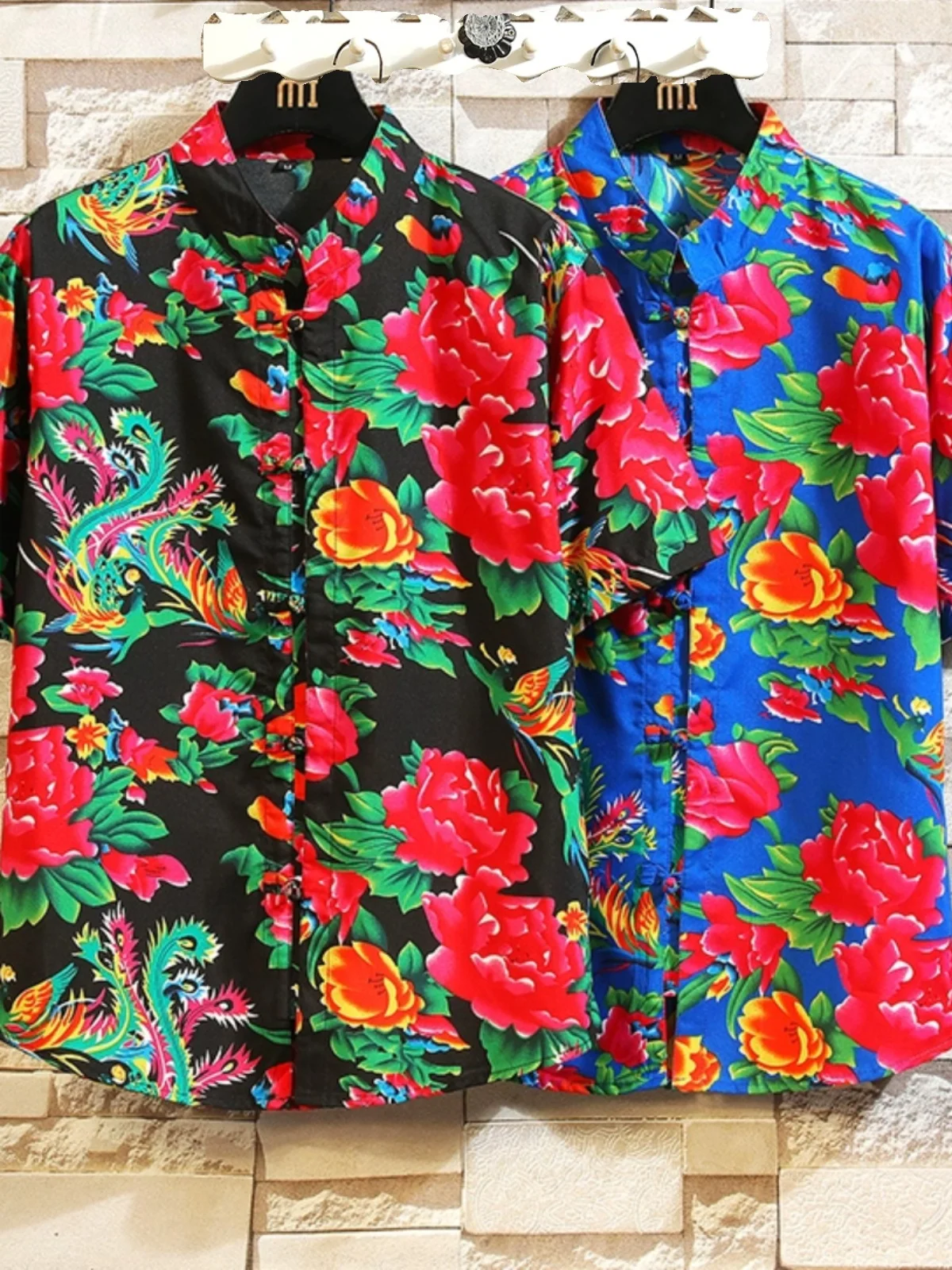

Summer Men's irt Loose Fit Big Flower Print ort Sve Button-Up Base Layer Flower Clothing Youth Trend Stand Size