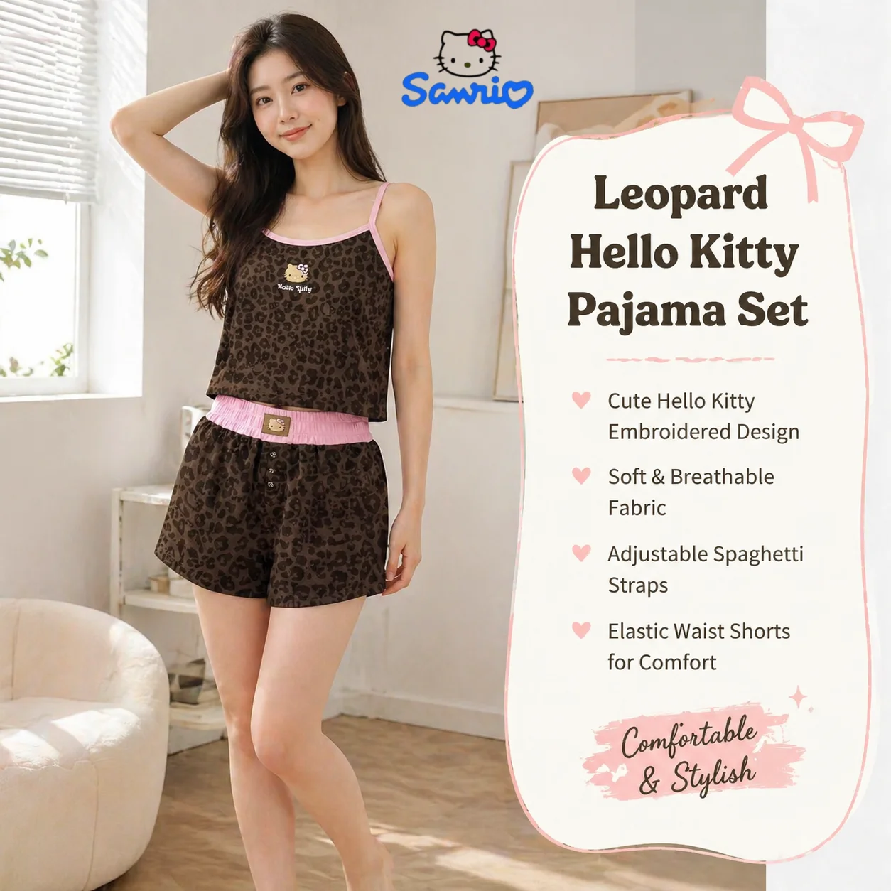 

Sanrio Hello Kitty Summer New Pajama Set Cool Soft Sleepwear Pink Women Girls Two-Piece Camisole Shorts Set Leopard Sweet Y2K