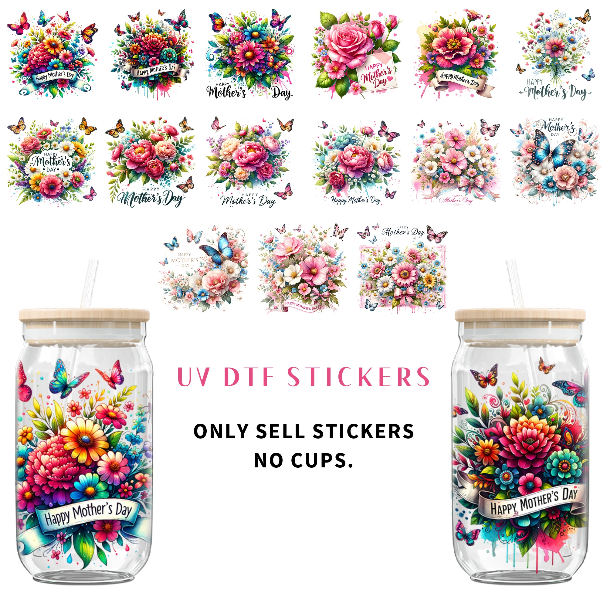 5 Stück/Set Happy Mother's Day UV DTF Transferaufkleber DIY Bastelsets mit Kristalletikett 16oz Glasbehälter Wickelaufkleber für Tassen