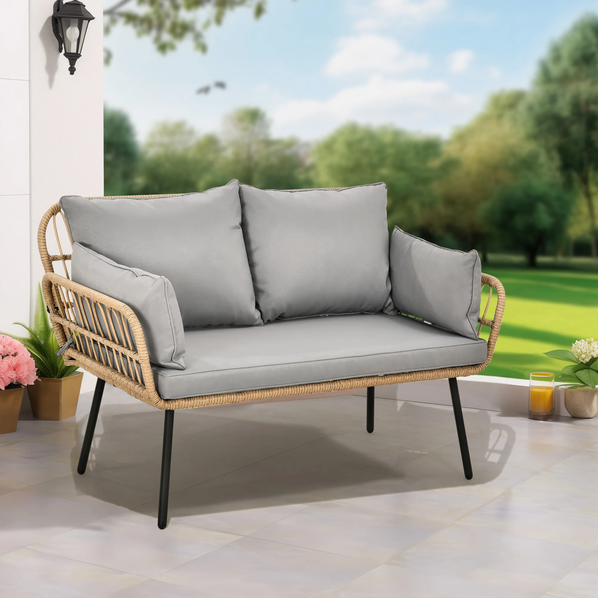 Double Seater Sofa Patio Bistro Seat Outdoor Rattan Chair w/ Arm & Back Cushions