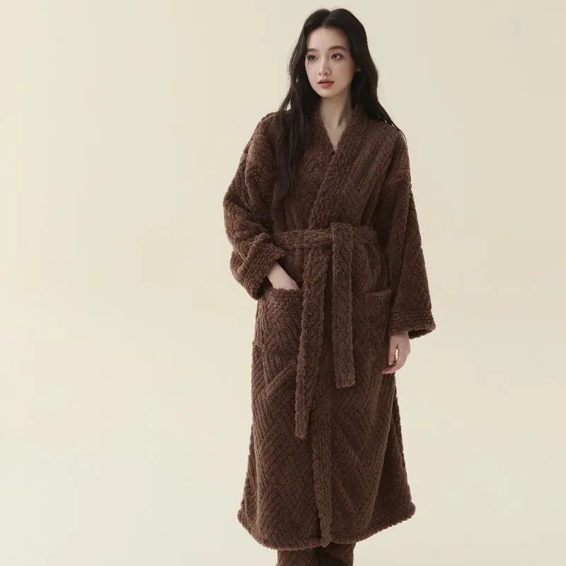 Autumn Winter Jacquard Fleece Long Robe Set Thick Soft Coral Velvet Solid Color Pajama Bathrobe Sleepwear Suit for Women Couple