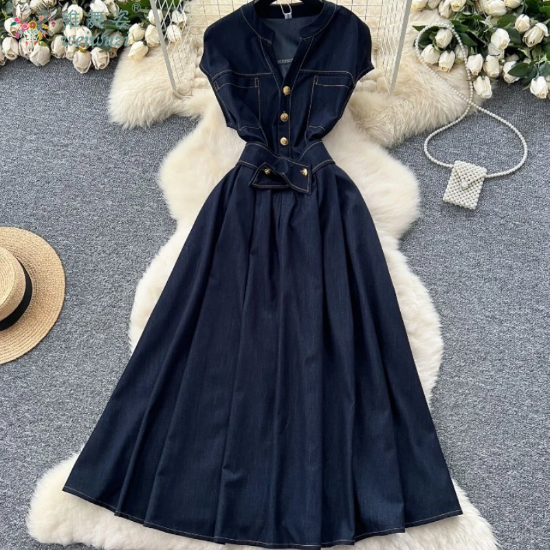 

Elegant Long Dress Women Denim Dresses A Line Slim High Waist Jean Vestidos Vintage Sleeveless Y2k Party Evening Dress with Belt
