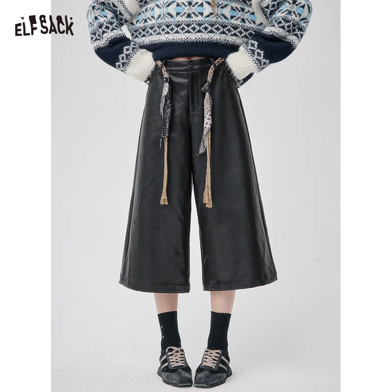 ELFSACK 2025, новые зимние поступления, широкие брюки из искусственной кожи с высокой талией для женщин