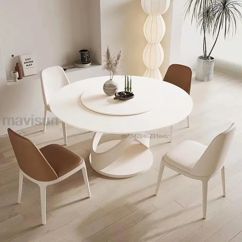 Cream Style Round Dining Table And Chair White Household Furniture Kitchen Table Rock Slab Desktop Dining Table With Turntable