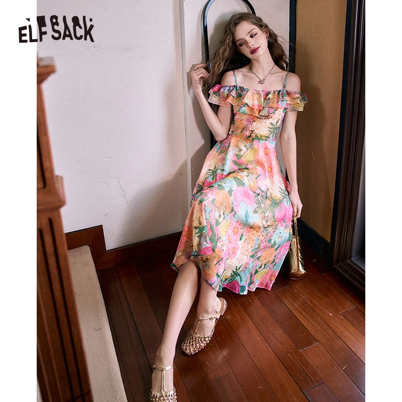 ELFSACK 2024 Summer New One-shoulder floral multi-color holiday style suspender dress for women