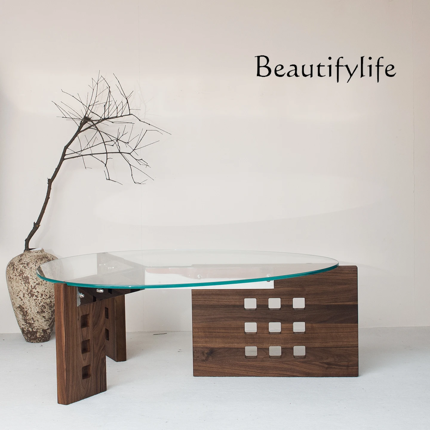 Original design Y coffee table, special-shaped glass, solid wood, stainless steel, Nordic retro black