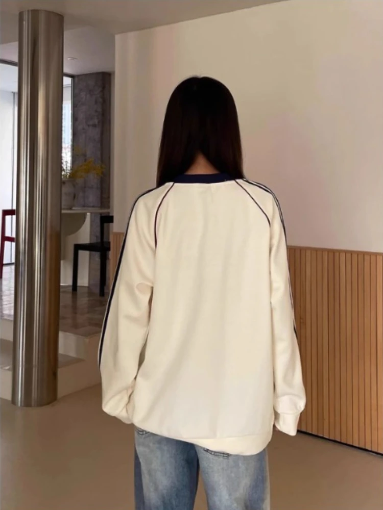النمط الياباني الكوري الوزن الثقيل الهيب هوب الخامس الرقبة جيرسي نمط البلوزات 2025 الخريف المتضخم للجنسين البلوفرات المرأة بلايز عادية #6