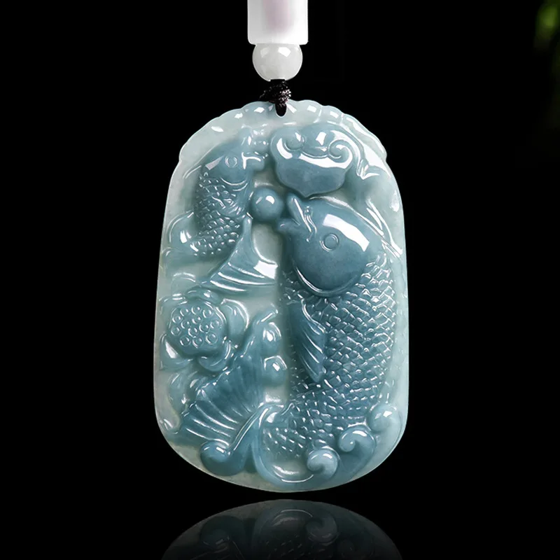 

Authentic natural A-grade jadeite blue water fish brand annual surplus glutinous jade pendant men and women fish jade pendant