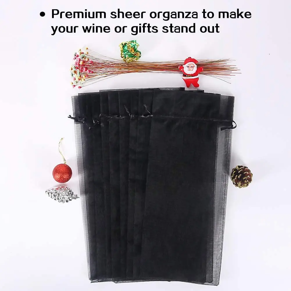 30Pcs Black Organza Wine Bottle Bags Sheer Mesh Bottle Gift Pouches Wine Covers Dresses with Drawstring for Halloween