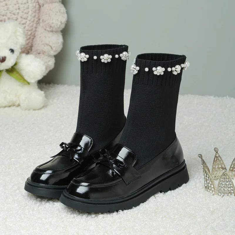 

YQBTDL Lolita Style Knitting Patent Leather Patchwork Pearls Princess Ankle Boots Autumn Winter 2022 Daily Leisure Shoes Women