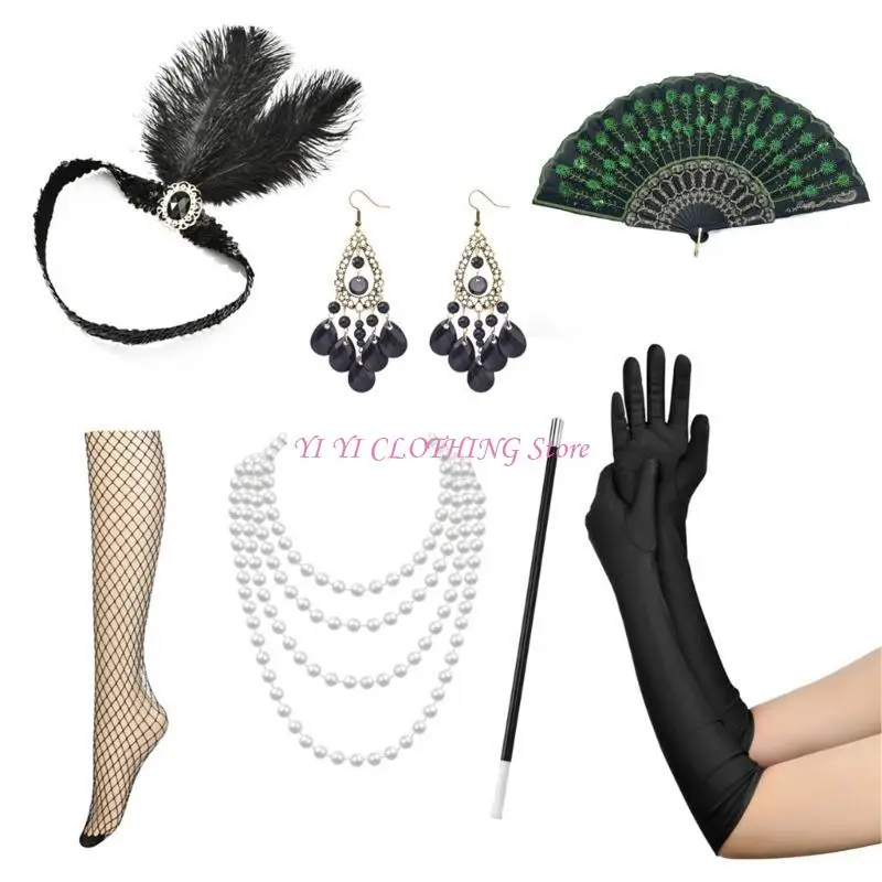 N5KF 1920s Costume Women's Lapel Accessories Set Vintage Dress Up with Headband, Satins Gloves, Faux Pearl Necklace
