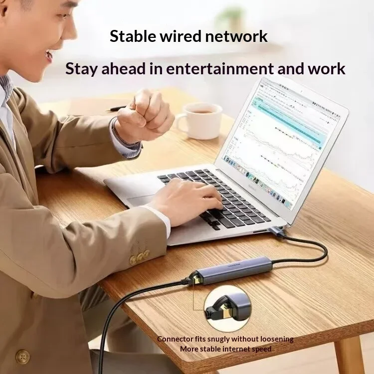 UGREEN 20917 USB-C Hub CM475 3 USB 3.0 Ports 100Mbps RJ45 Ethernet Adapter Plug and Play Braided Cable for Laptops