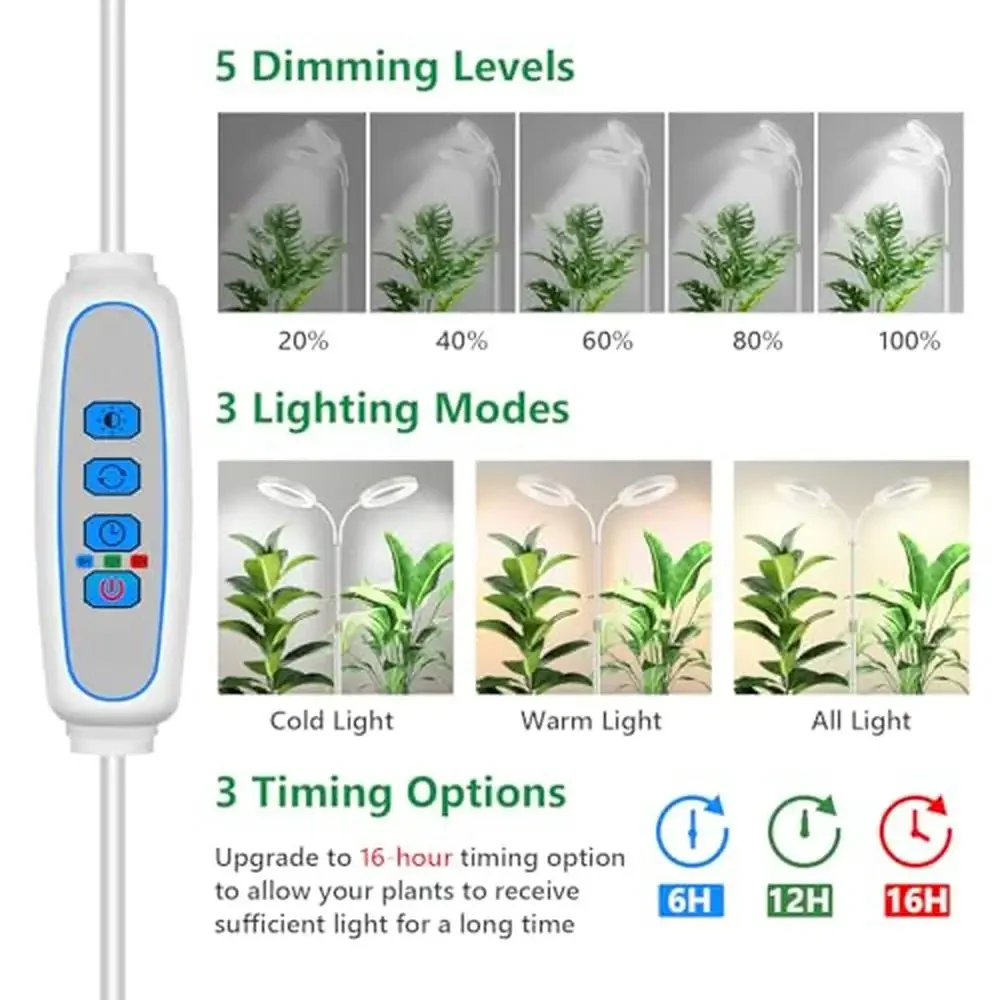 LED Grow Light with 2 Heads 168 LEDs Full Spectrum Plant Light Indoor Plants Adjustable Stand Tall Plants 16H Timer 3 Modes 5