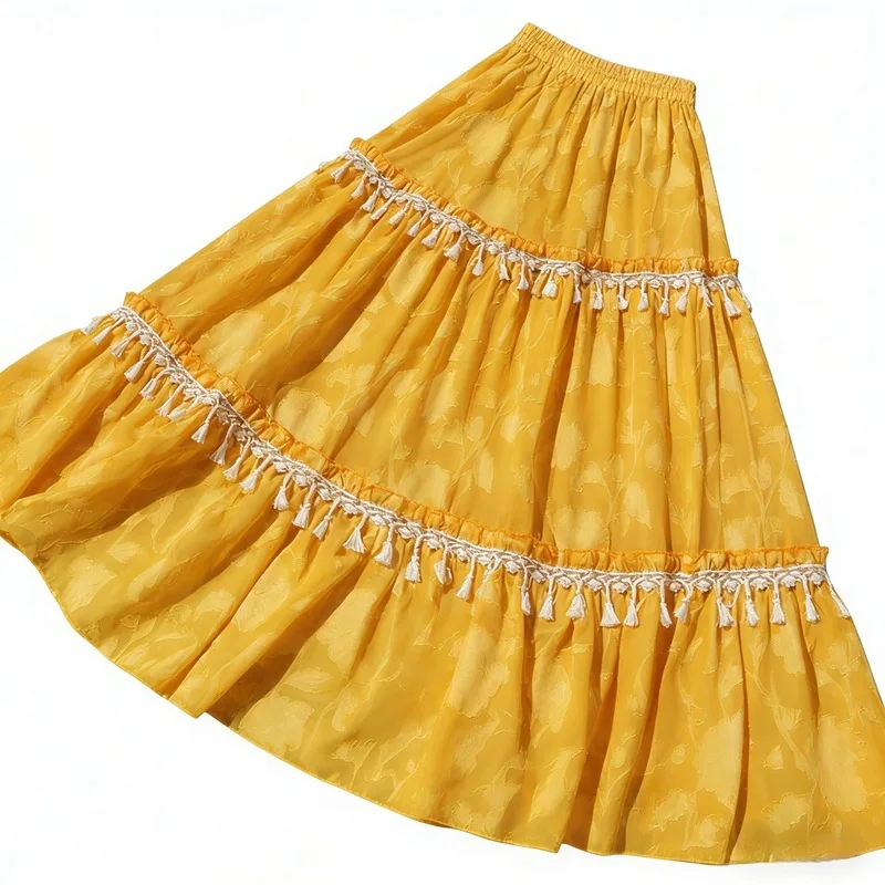 Gonna lunga maxi da donna, vita elasticizzata, con nappe gialle, nuova moda primavera estate 2026, orlo ampio